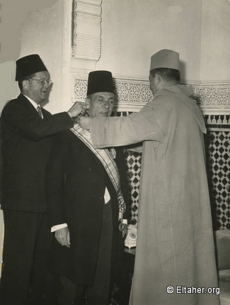 1960 - King Mohamed V and Chief of Protocol decorating Eltaher - Royal Palace Rabat Edited